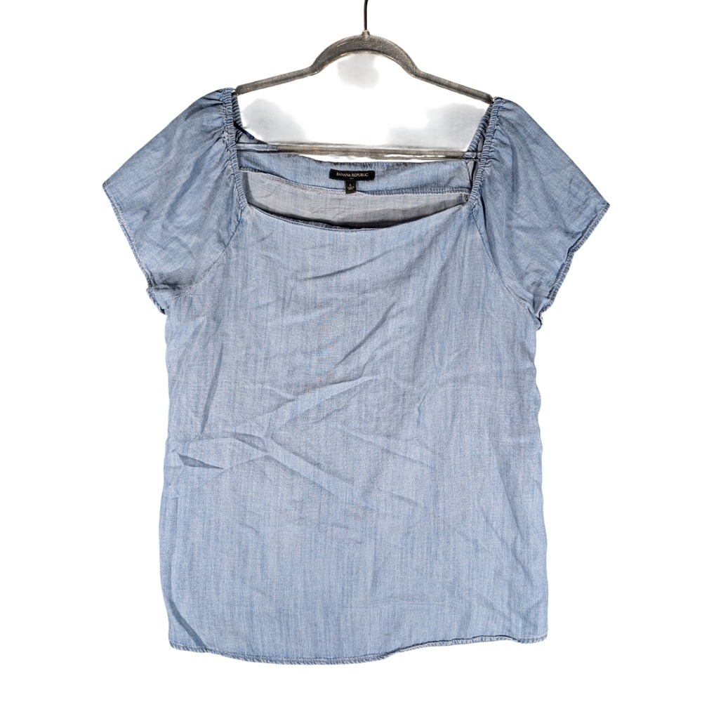Banana Republic Blouse Womens Large Blue Lyocell Chambray Square Neck Cap Sleeve
